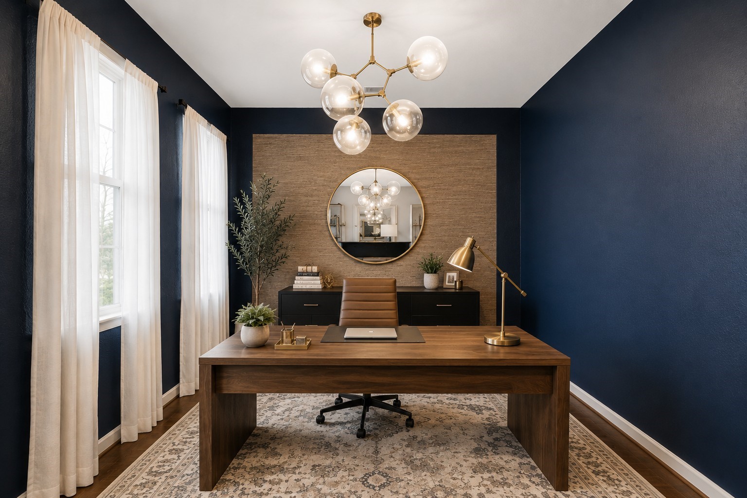 Virtually Staged: This stylish home office features rich navy walls, warm wood flooring, and multiple windows that bring in abundant natural light. A contemporary statement light fixture and decorative accent wall add sophisticated character, while the spacious layout provides room for a dedicated workspace and additional seating, creating an inviting setting for working from home or meeting with clients.
