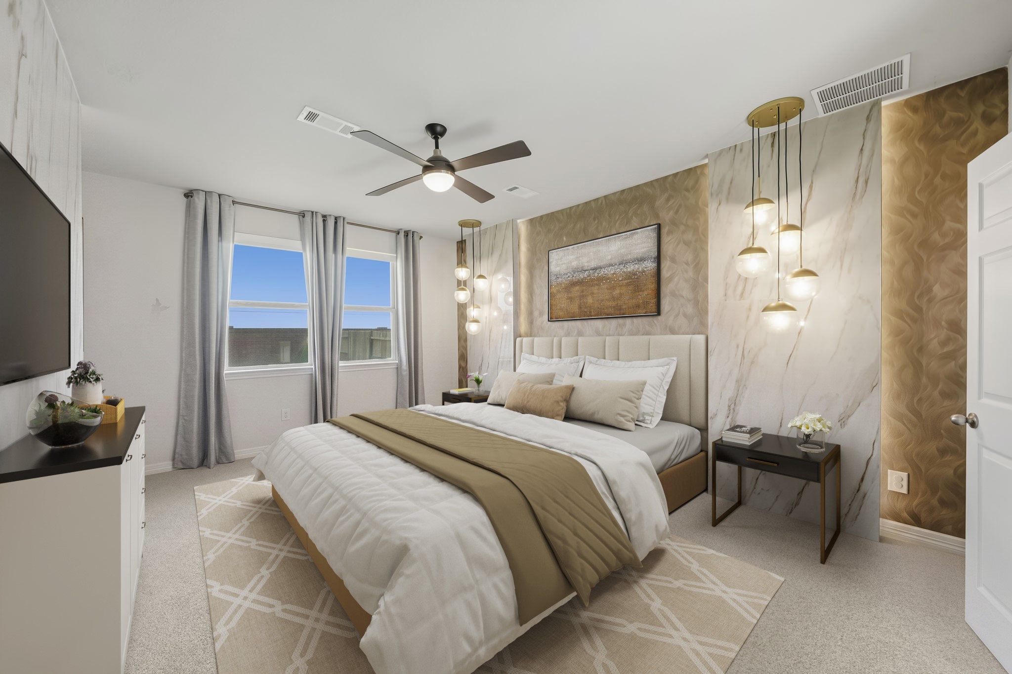 Virtually Staged: This spacious primary bedroom offers a luxurious retreat with a dramatic designer accent wall featuring marble-inspired panels, warm textured details, and statement pendant lighting. Large windows fill the room with natural light, while plush carpeting and a ceiling fan add everyday comfort. The generous layout provides ample space for a full bedroom suite, complemented by sophisticated contemporary finishes.