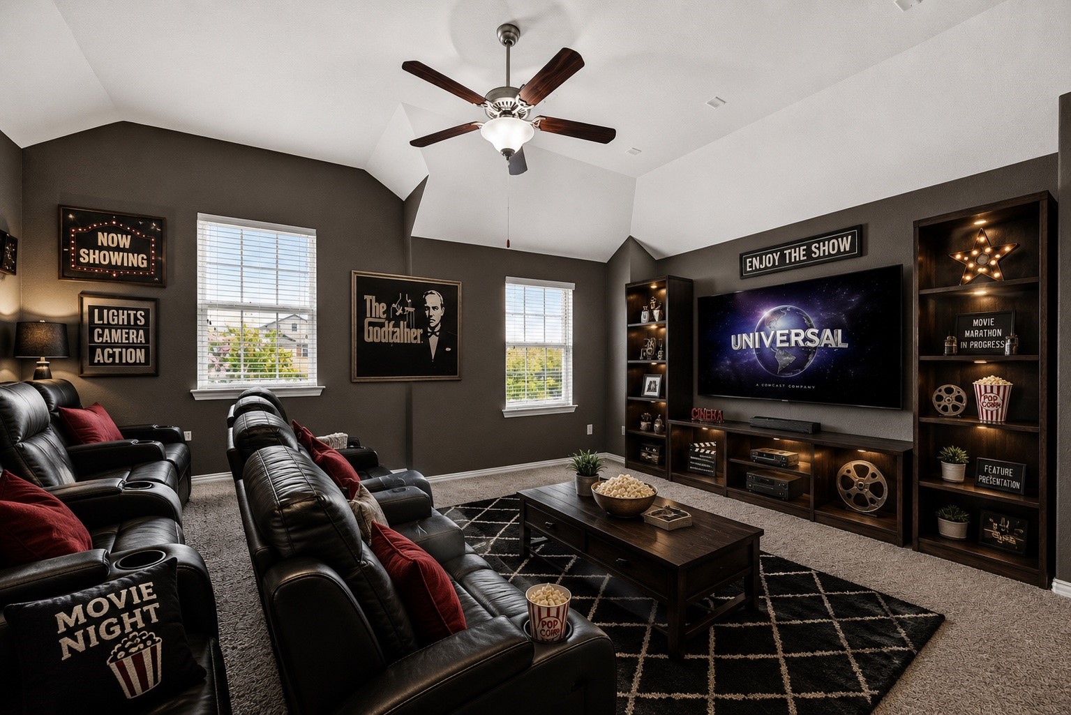 Virtually staged to represent a media room or game room. Virtually staged to represent a media room or game room.