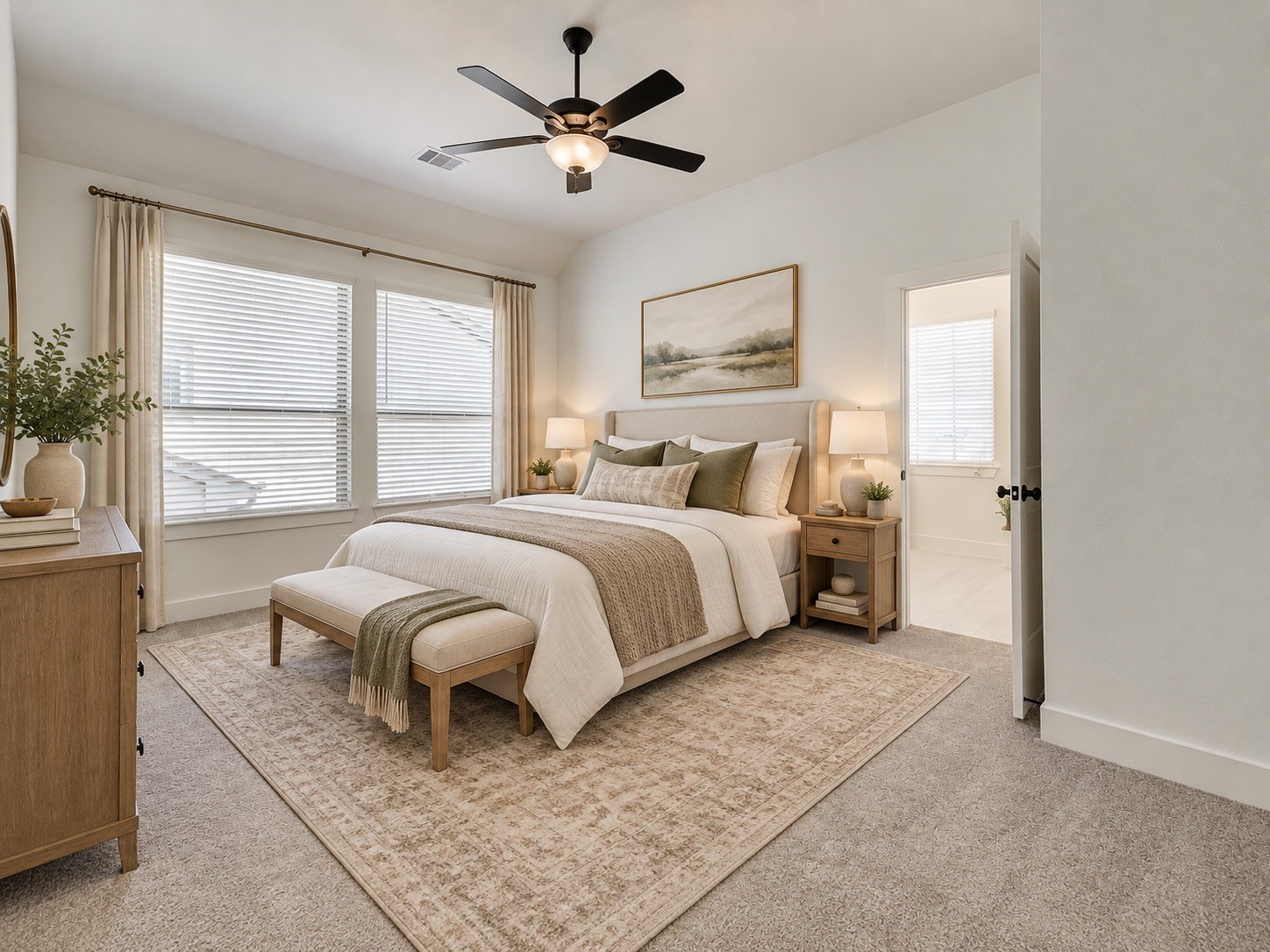Virtually staged primary bedroom showcasing the rooms generous layout and furnishing potential, with space for a full bedroom suite and comfortable retreat-style setup.