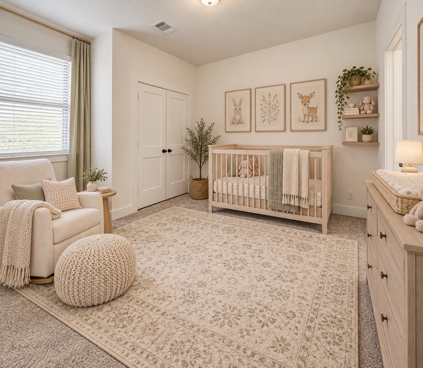 Virtually staged Bedroom 3 shown as a charming nursery, highlighting the rooms flexibility for a babys room, guest room, or additional bedroom.