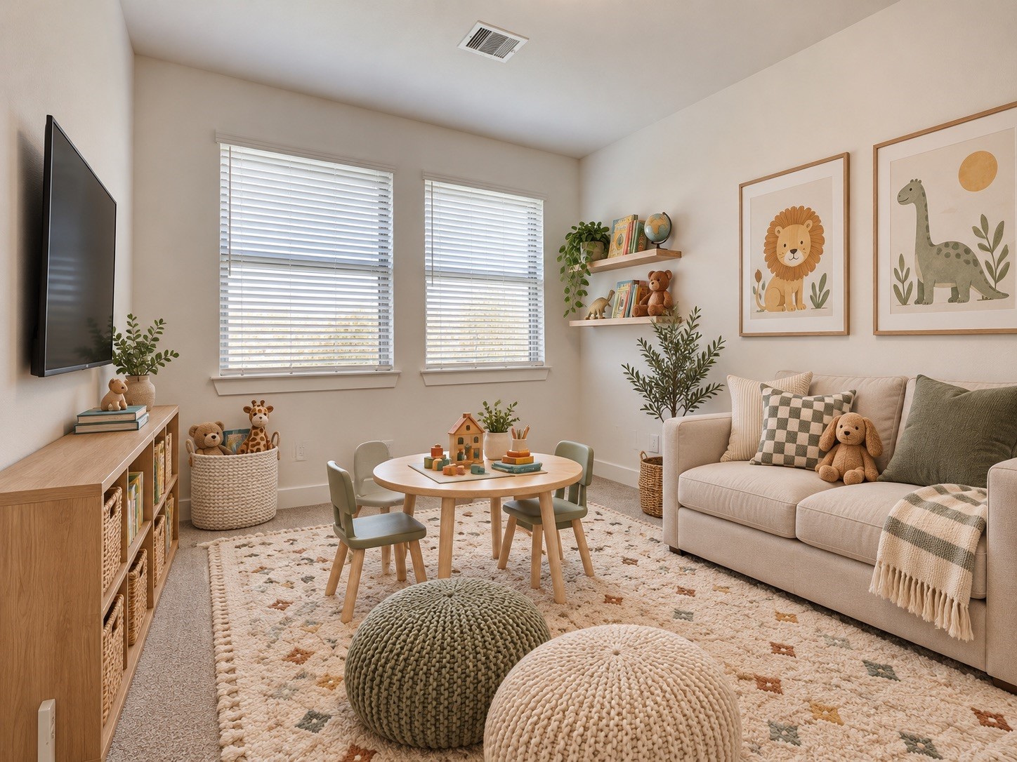 Virtually staged to showcase the upstairs flex space as a comfortable playroom or TV room  a versatile area perfect for relaxing, movie nights, toys, or everyday family living.