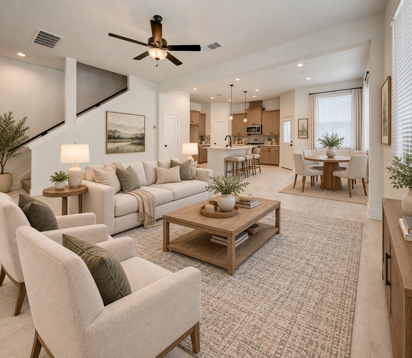 Virtually staged to show the potential of the main living area and open flow to the kitchen and dining space. Virtually staged to show the potential of the main living area and open flow to the kitchen and dining space.
