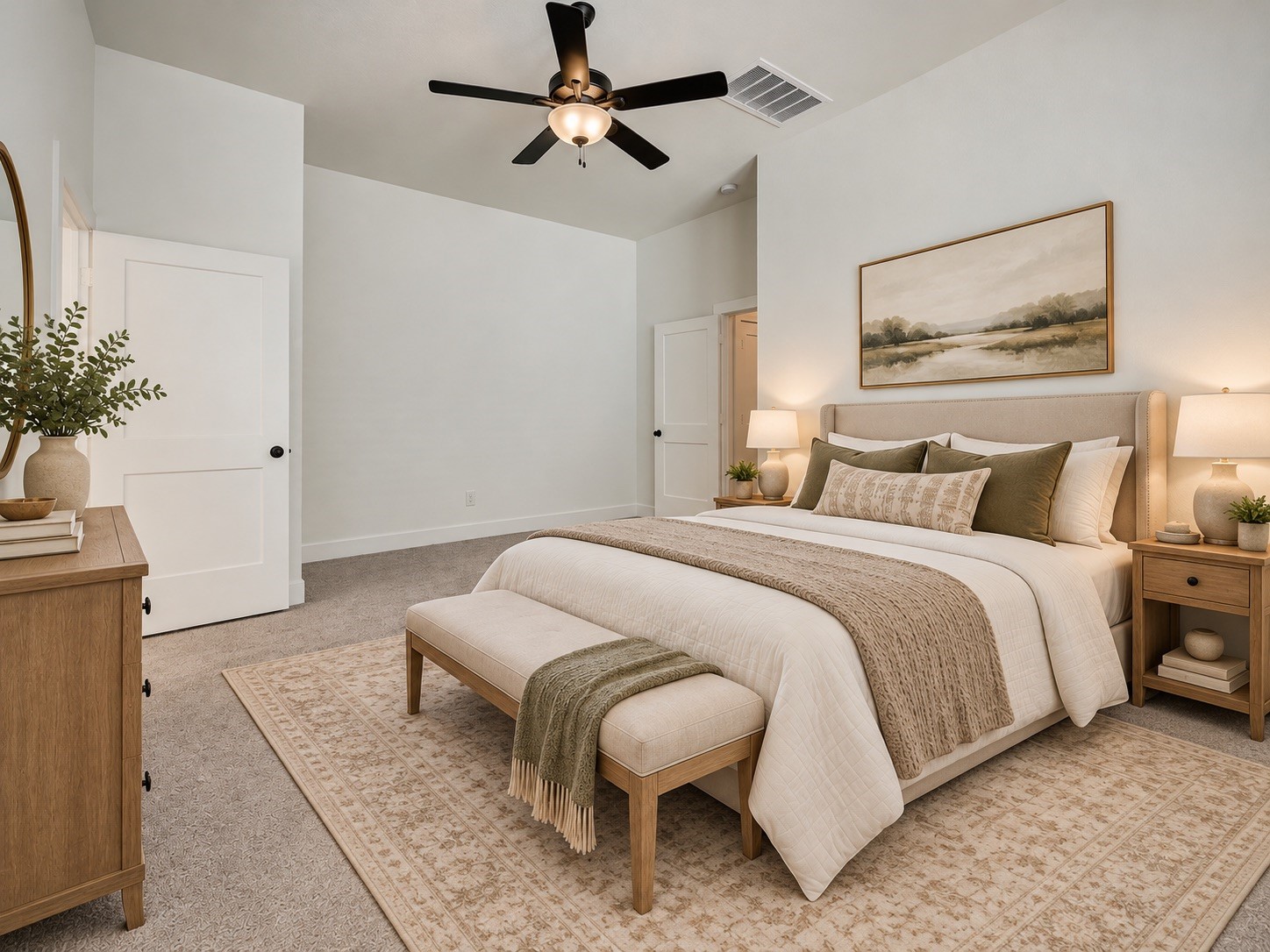 Second virtually staged view of the primary bedroom, highlighting the spacious layout, natural light, and flexibility for a comfortable bedroom retreat.
