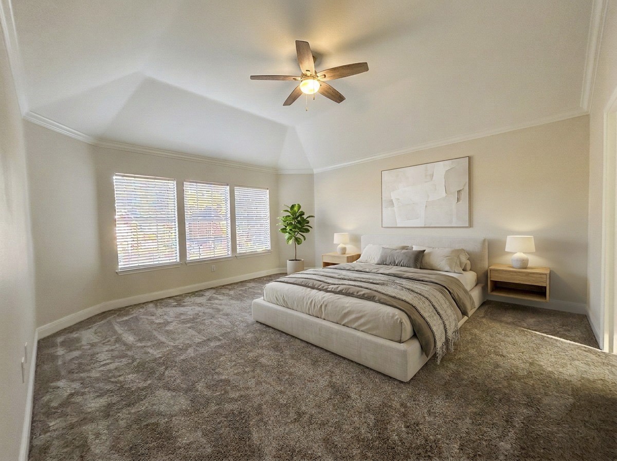 Primary bedroom on the second floor, New carpet ( Virtually staged).