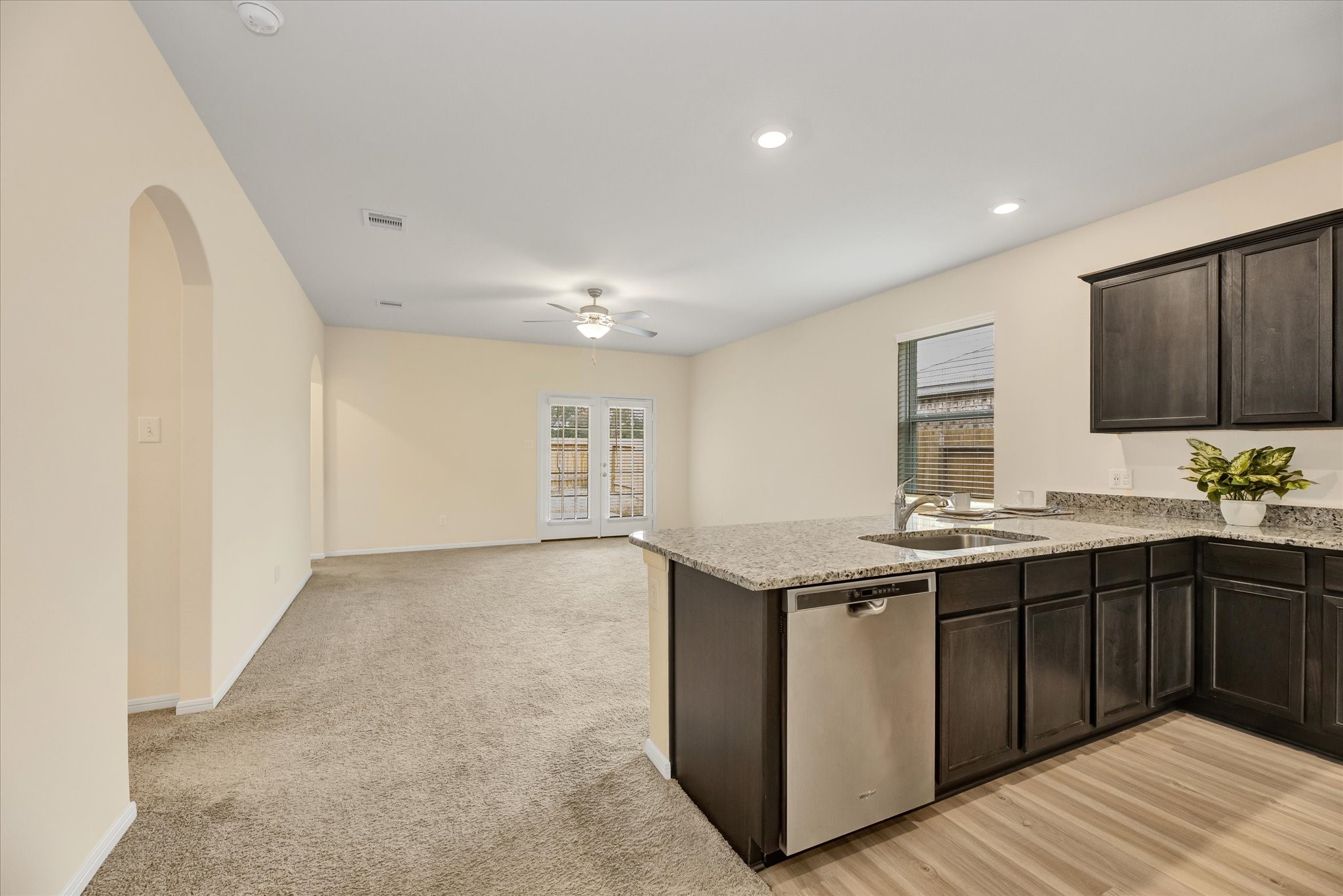 Kitchen and living area.