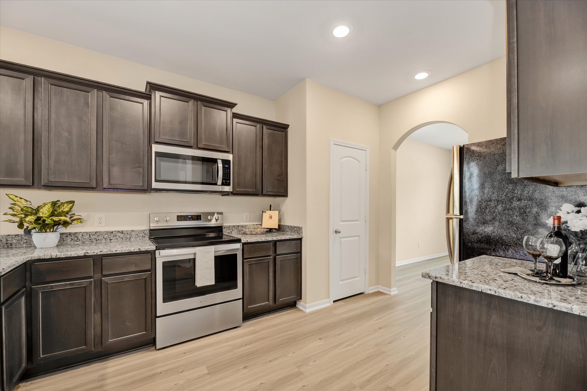 Kitchen and pantry. Staged.
