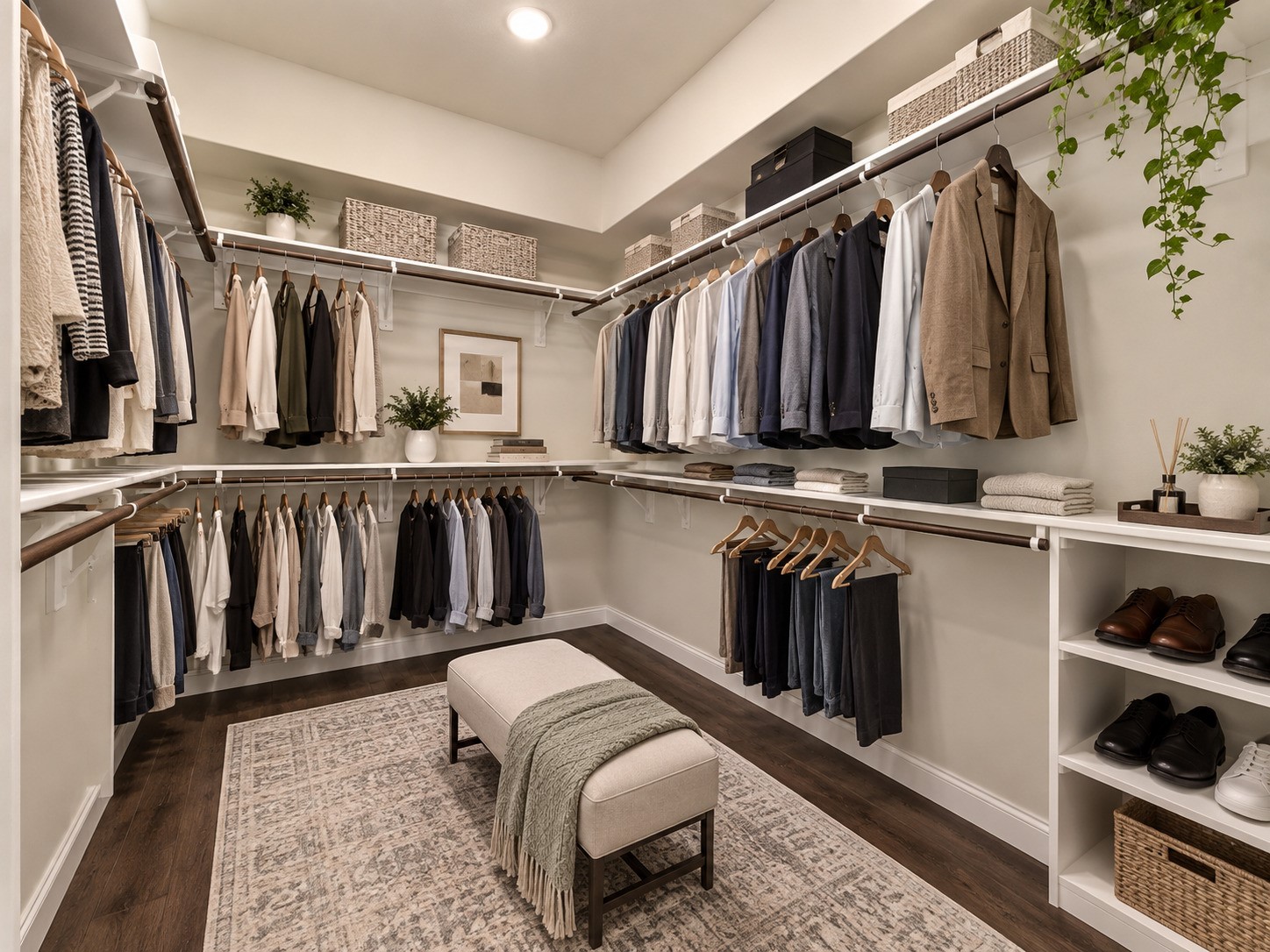 Second walk-in closet with wraparound hanging rods, built-in shelving, and wood flooring. Virtually Stagged.