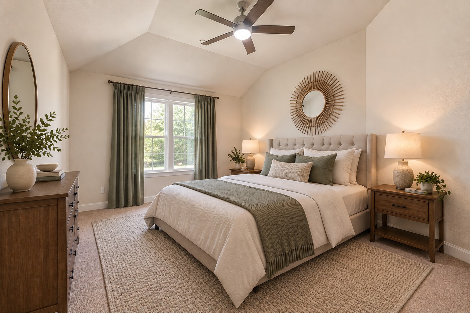 The 4th bedroom offers a comfortable, versatile space enhanced by a vaulted ceiling and direct access to the Jack-and-Jill bath, creating added privacy and convenience for family members or overnight guests. Virtually Stagged.