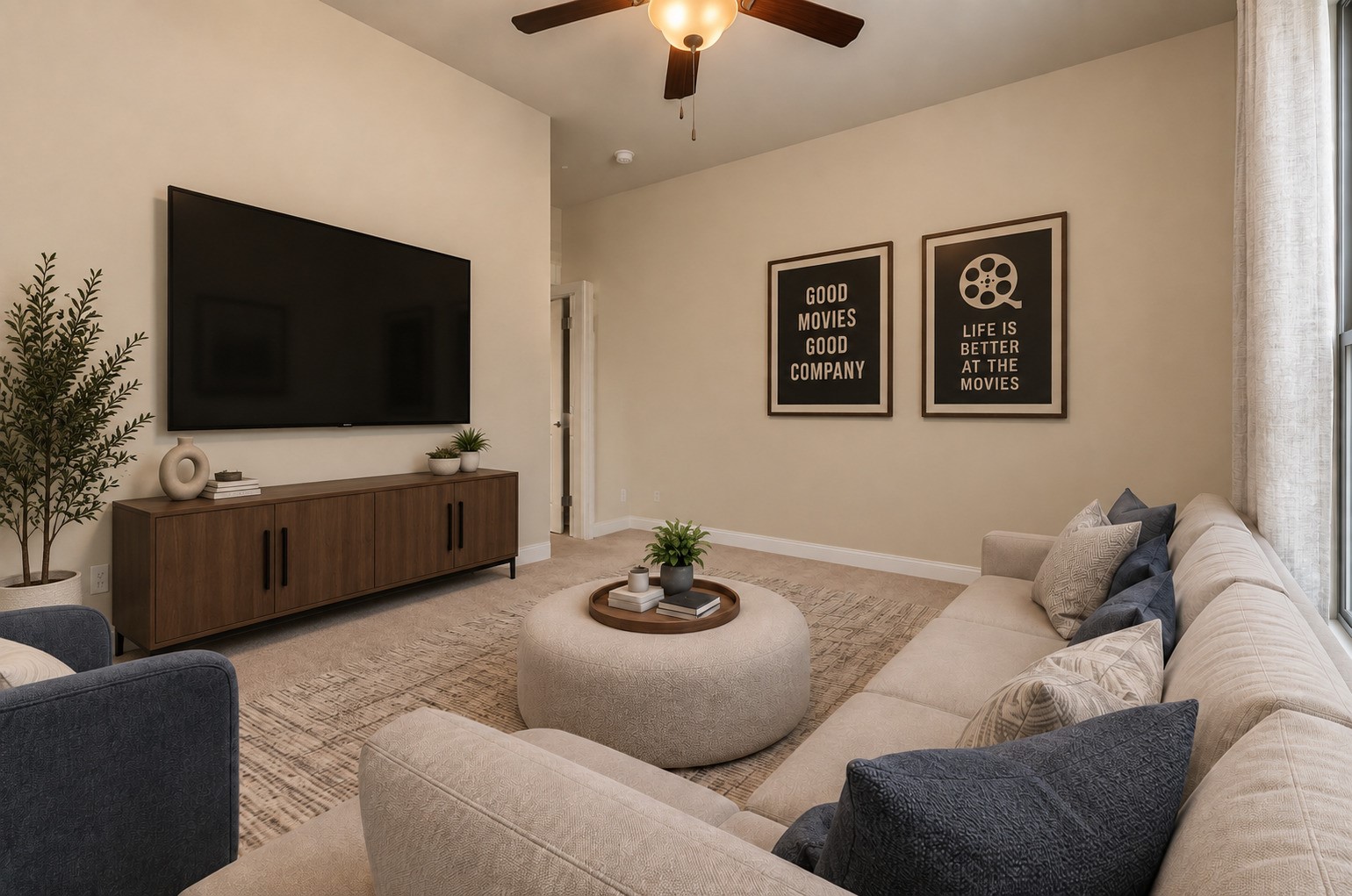 A dedicated media room creates the perfect space for movie nights, game days, and unforgettable time together. Virtually Stagged.