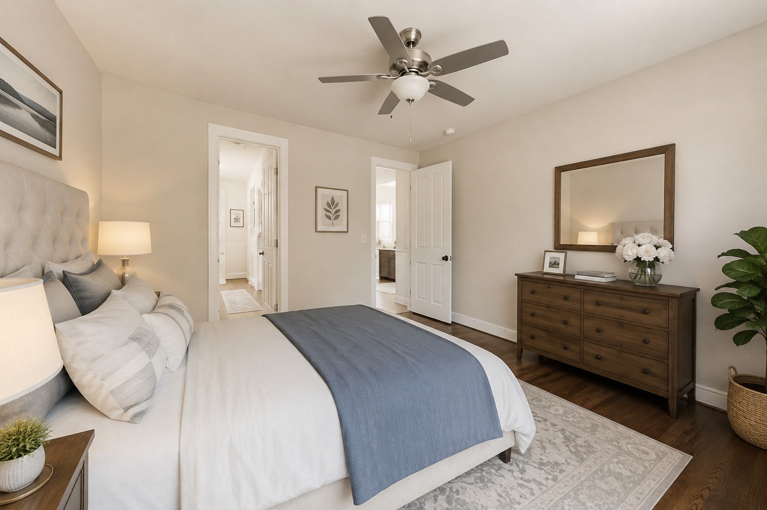 Enjoy the flexibility of a bright secondary bedroom with rich wood flooring and a private en-suite bath ideal for guests or creating a personal space that feels truly separate.