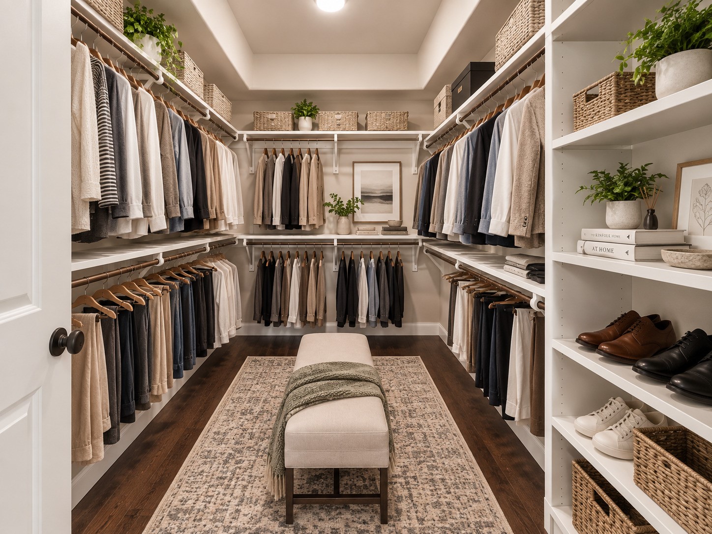 Expansive walk-in closet with double-hung rods and shelving lining every wall. Virtually Stagged.