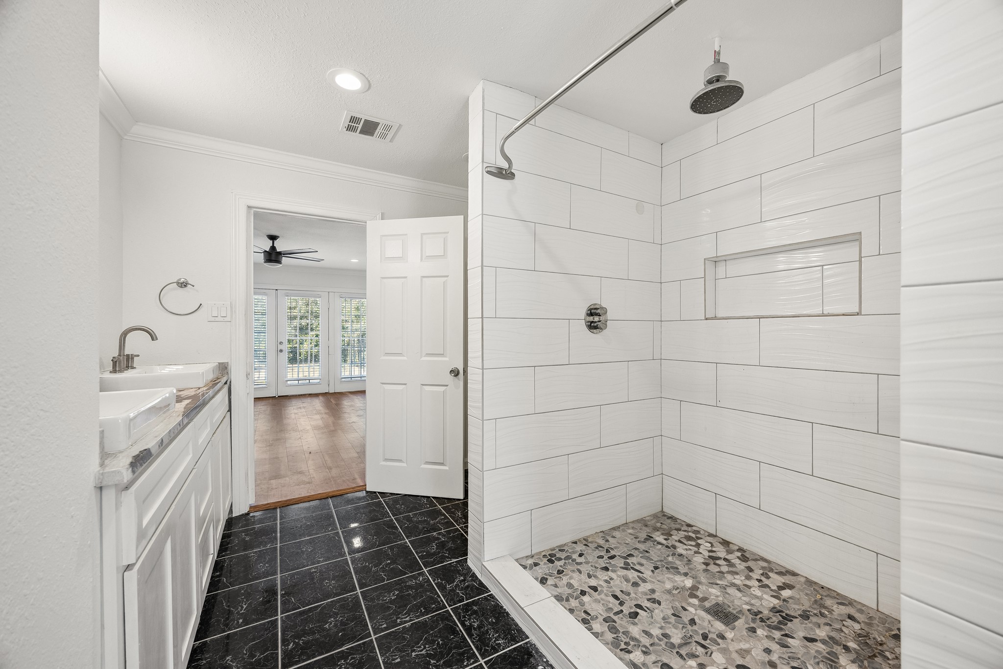 Separate walk-in shower.