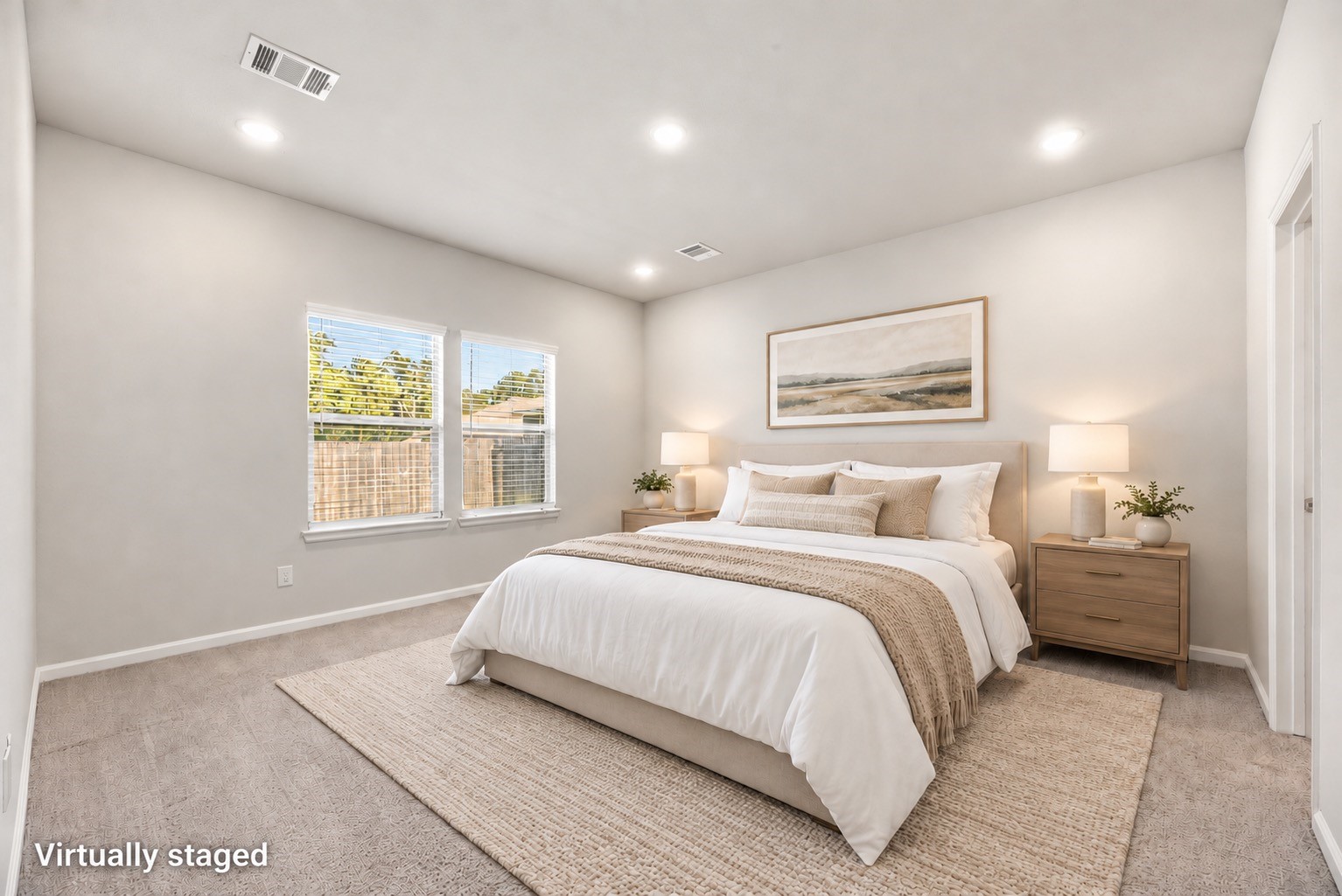 Soft textures and a calm neutral palette illustrate a restful bedroom retreat. Furniture and decor are virtually staged; the original room photo is included.