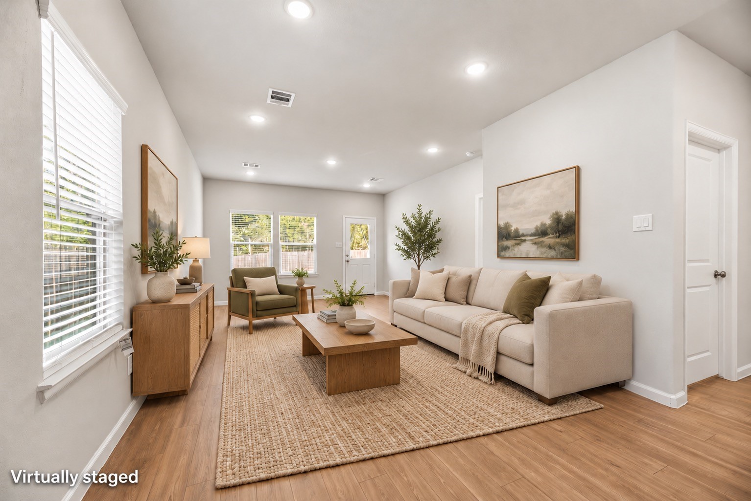 Picture a comfortable gathering space with room to relax and stay connected to the kitchen. Furniture and decor are virtually staged; the original room photo is included.