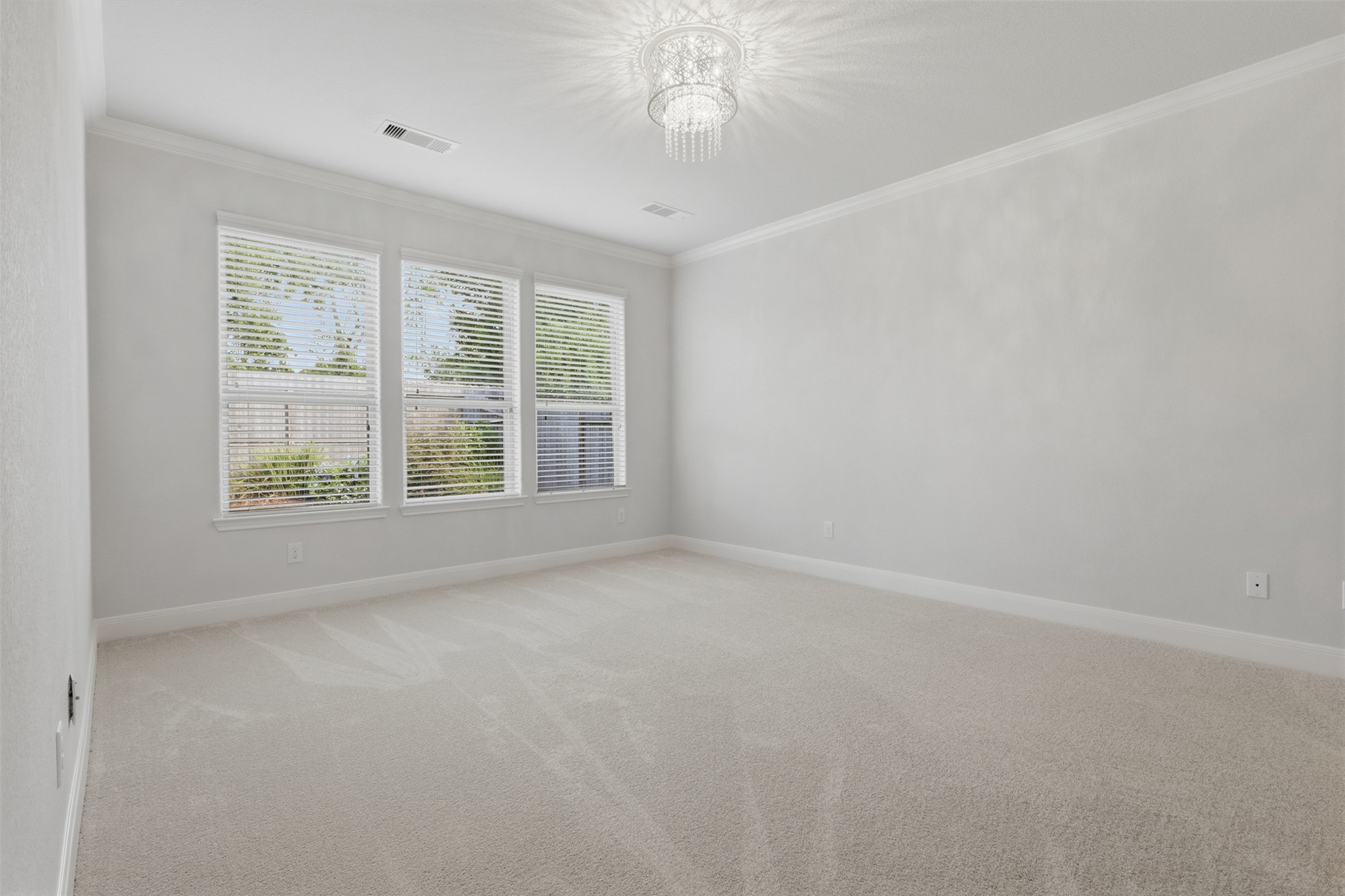 Spacious primary retreat filled with natural light and featuring plush carpeting, crown molding, and an elegant decorative light fixture. The private ensuite is accessed through double doors and offers a walk-in shower and generous walk-in closet, creating a comfortable and peaceful owners retreat.