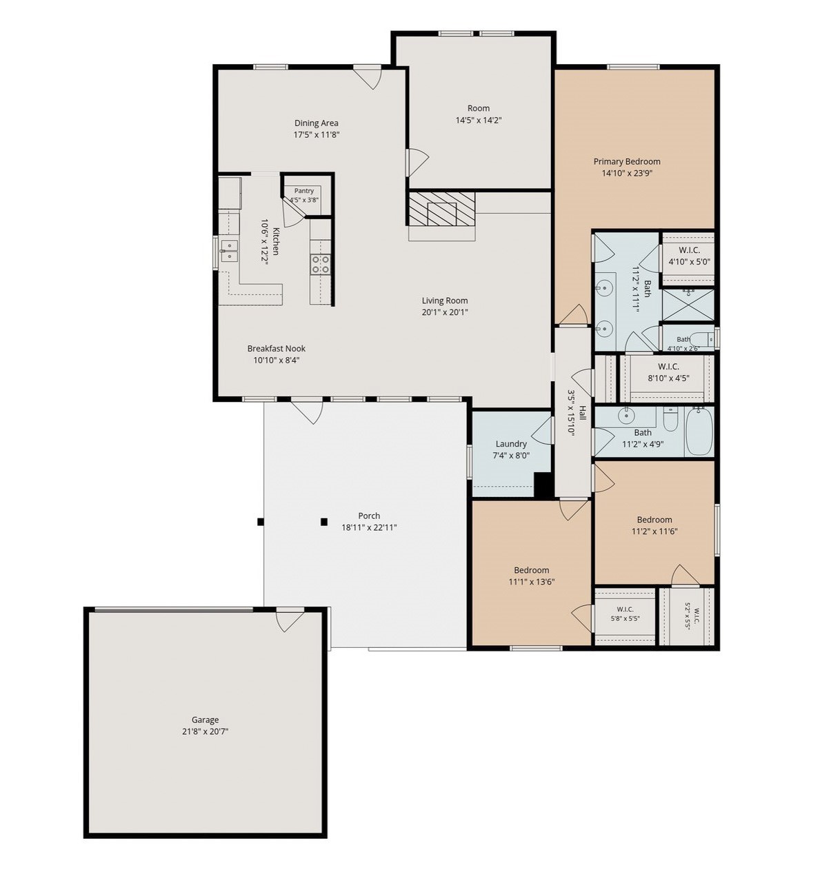 Spacious floor plan featuring an open-concept living room, dining area, and kitchen with a breakfast nook. Includes a large primary bedroom with ensuite, two additional bedrooms, and a versatile extra room/office. Convenient laundry area and a generous porch lead to a detached garage.