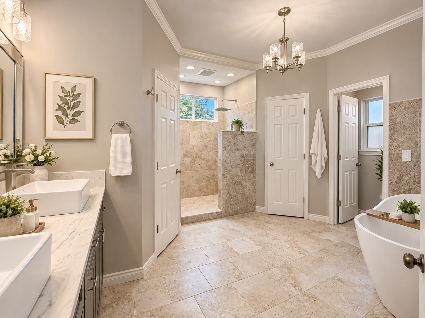 Stylish half bath featuring a dark vanity, granite countertop, decorative patterned tile, and modern fixtures.