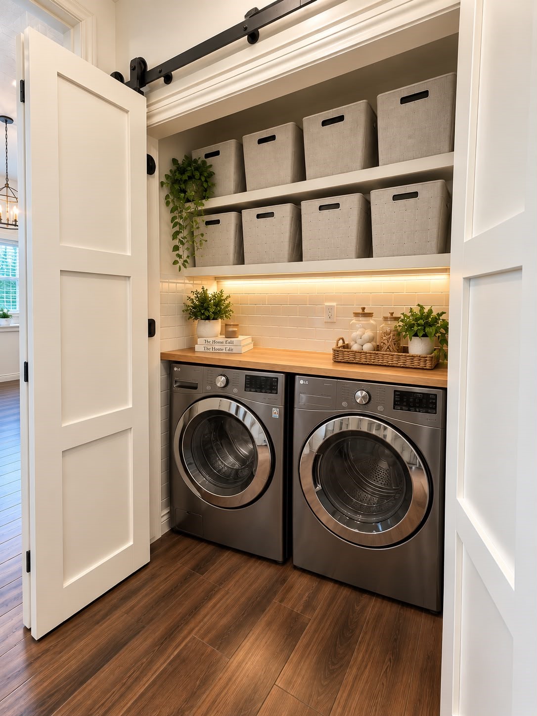 Convenient laundry space featuring front-loading washer and dryer, built-in shelving, and organized storage.