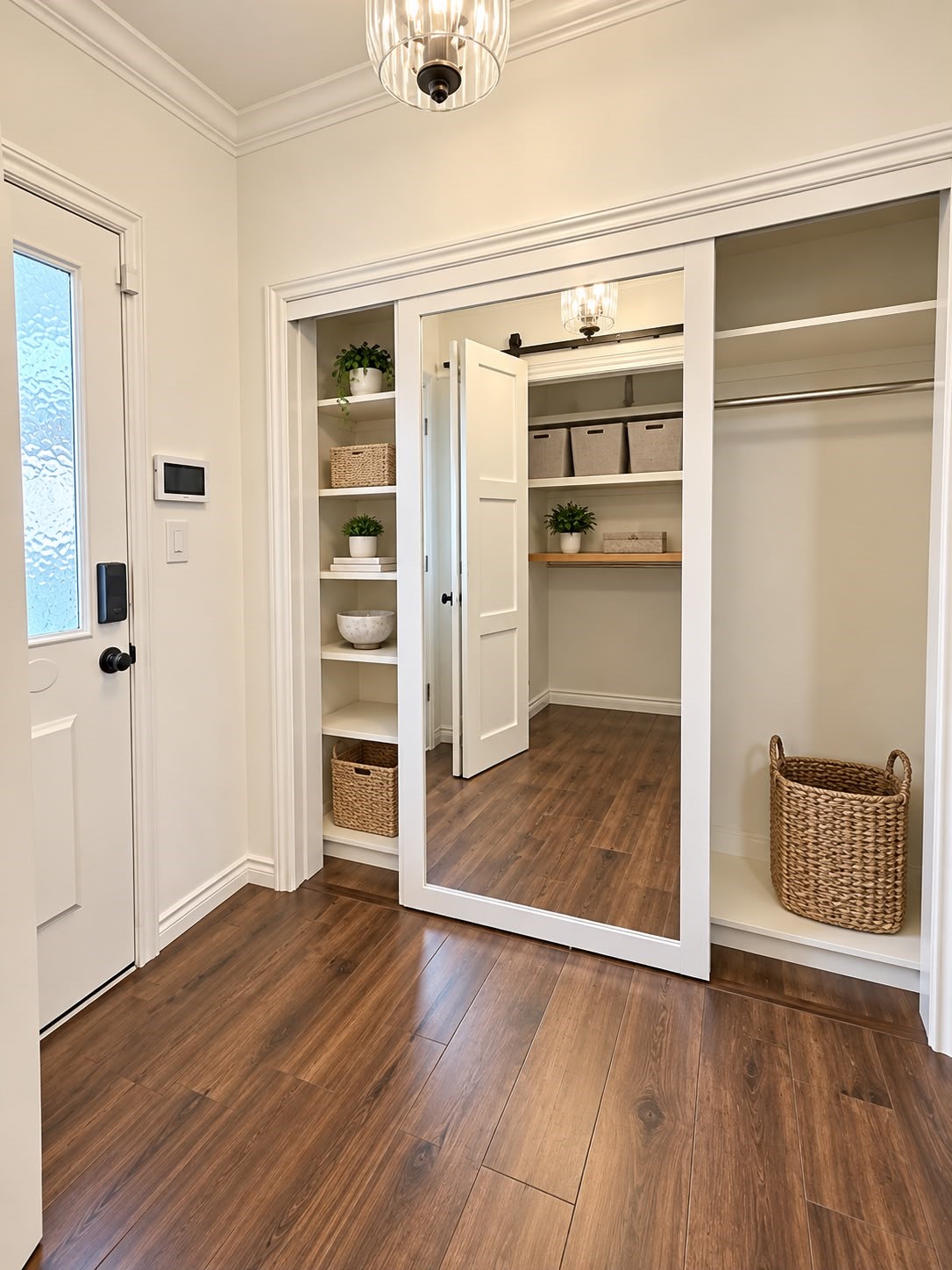 Functional storage area featuring built-in shelving, hanging space, and organized storage solutions.