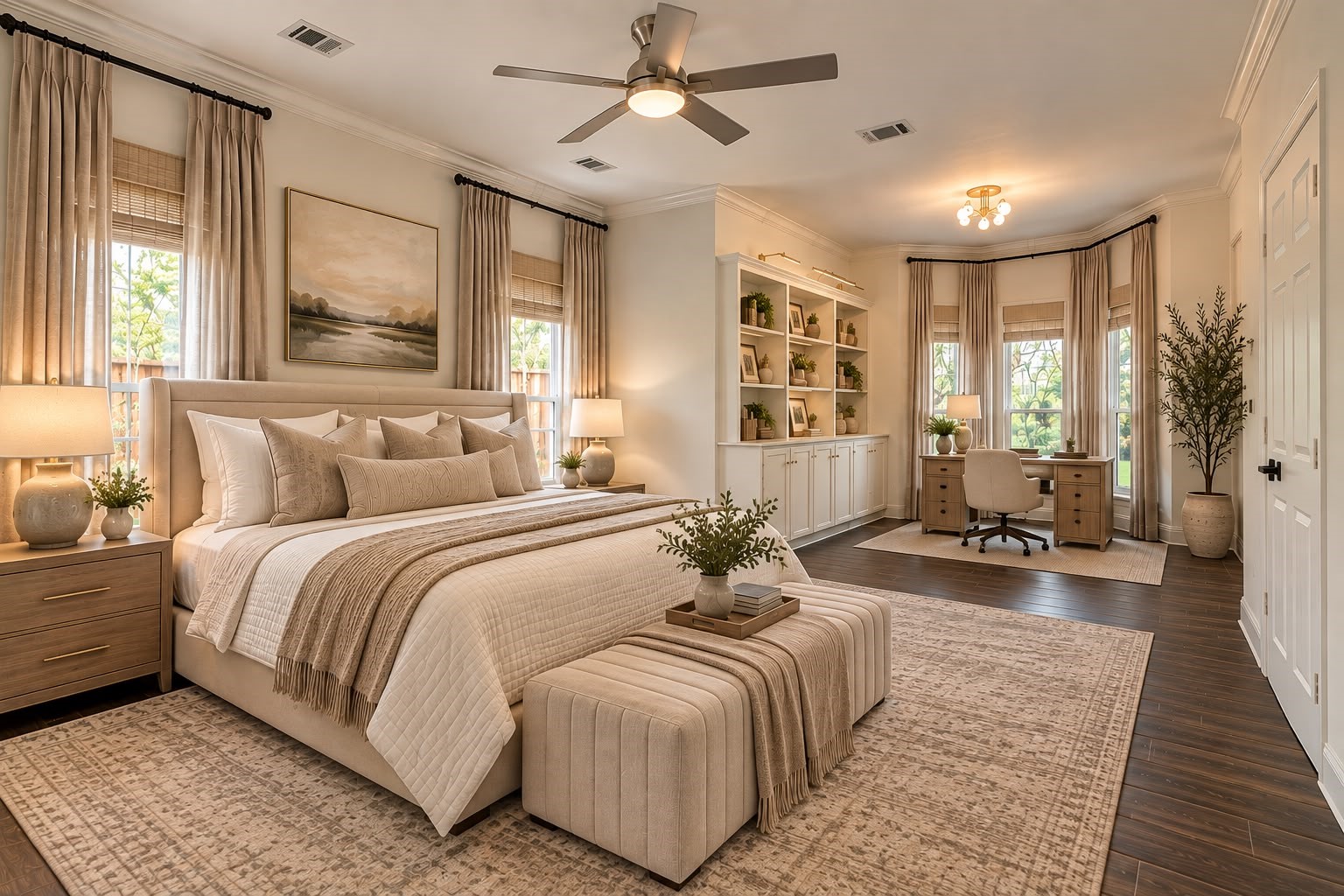 Bright primary bedroom featuring a dedicated workspace, built-in cabinetry and shelving, large windows, and rich wood flooring.