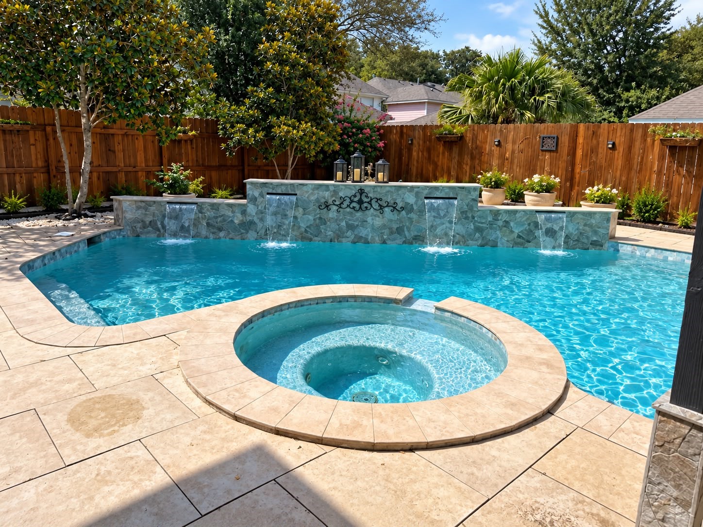 Take advantage of the private backyard oasis with a beautifully designed pool, integrated spa, decorative water features, and a spacious surrounding deck.