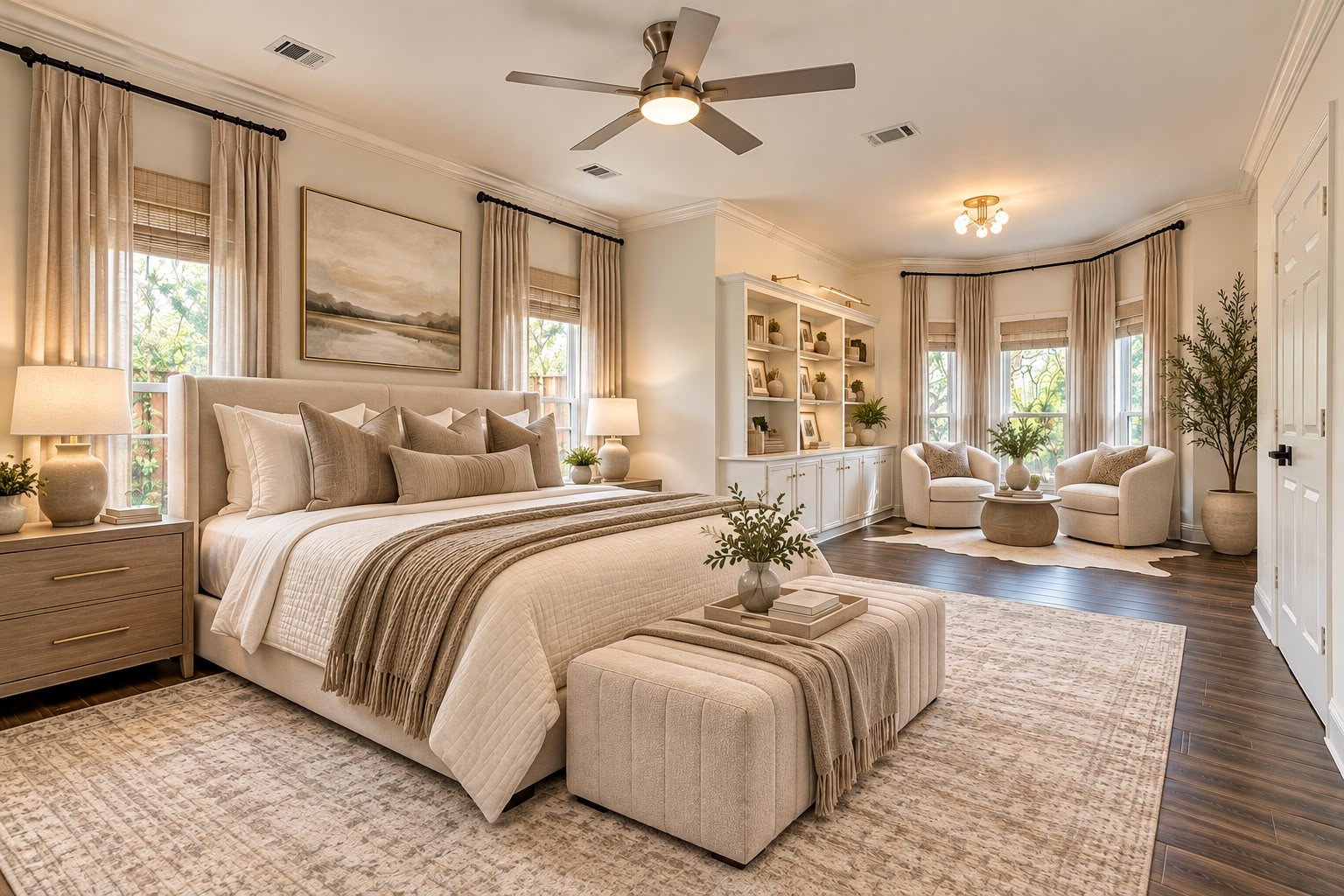 Spacious primary bedroom featuring elegant neutral finishes, a comfortable sitting area, built-in shelving, abundant natural light, and warm wood flooring.