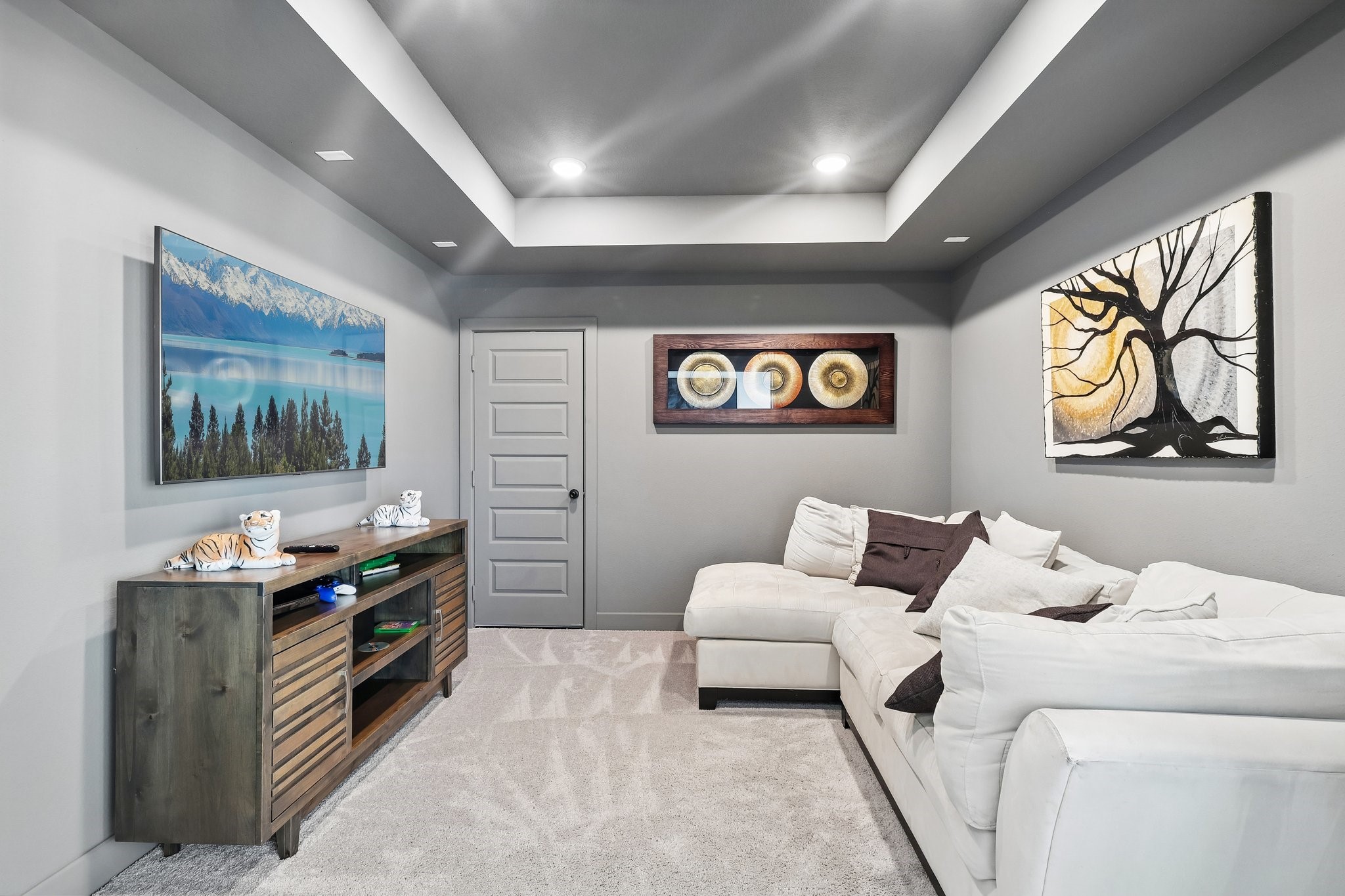 Media room featuring a tray ceiling
