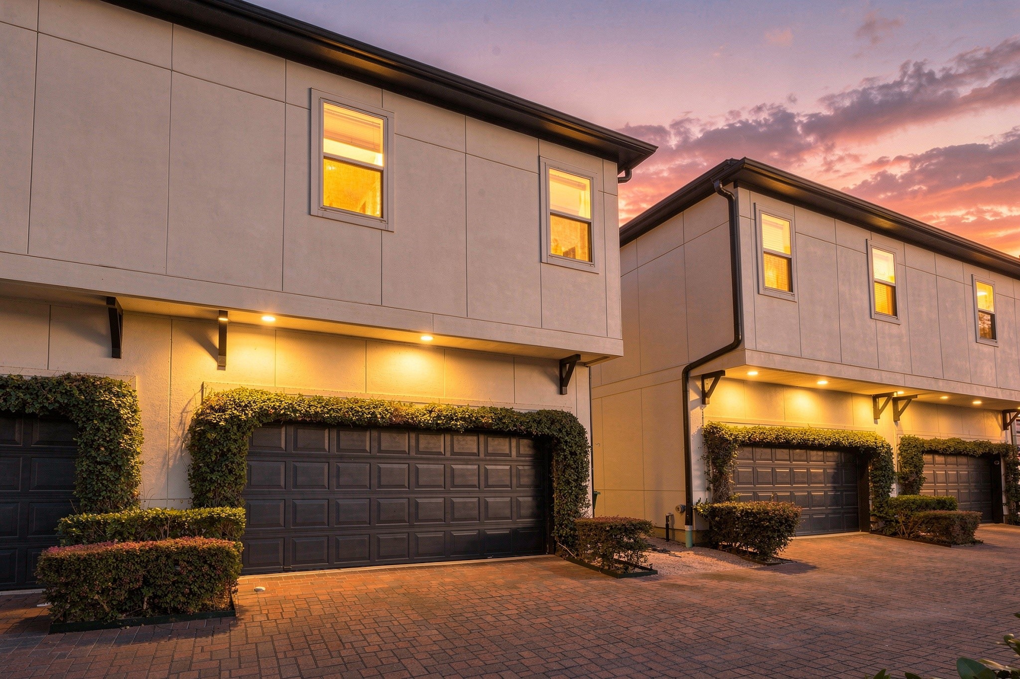 Sunset view of back of townhome.