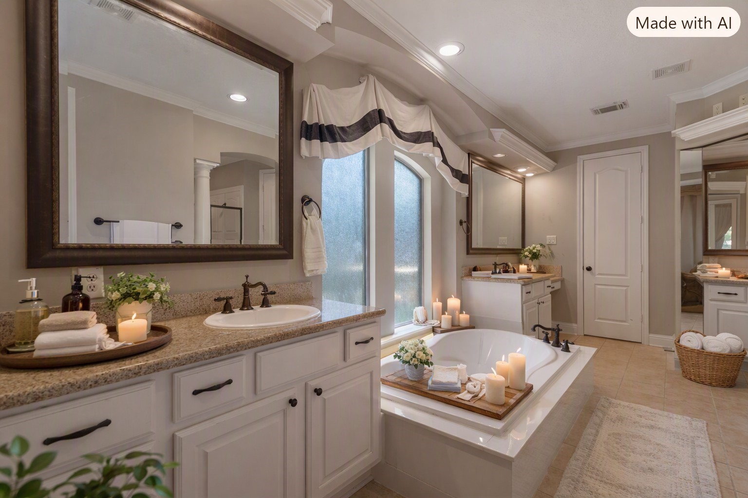 Virtually staged:  Bright, spacious and beautifully finished master bath.