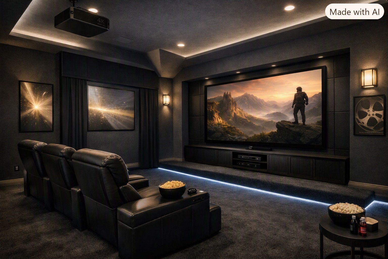 Virtually staged:  Dedicated home theater.  A perfect space for movie nights, gaming or entertainment.