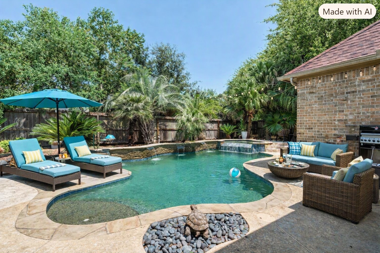 Virtually staged:  Resort-style backyard featuring a sparkling pool with waterfall features.