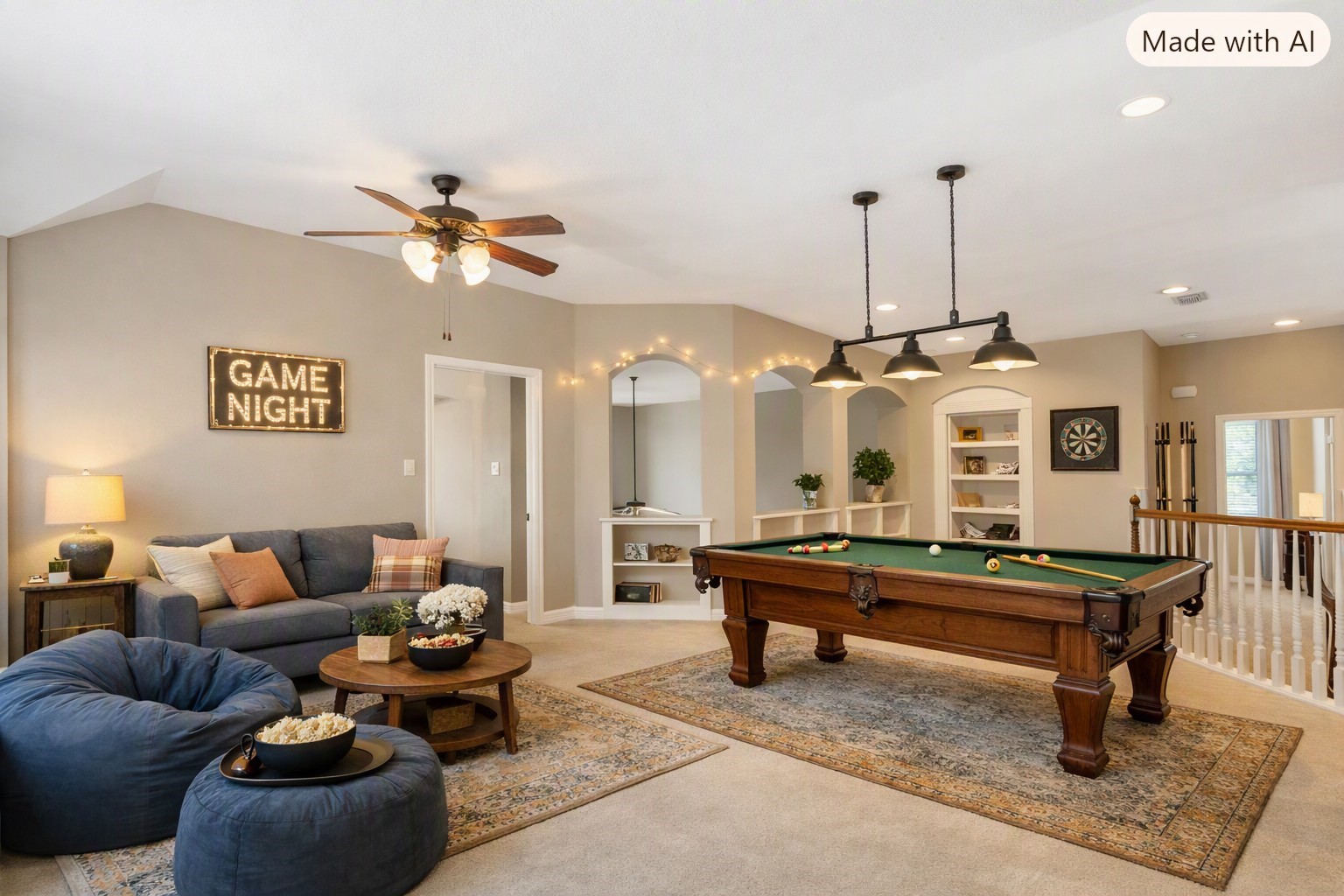 Virtually staged:  Spacious upstairs game room with built-in shelving, ached openings and an open layout overlooking the curved staircase and entryway.
