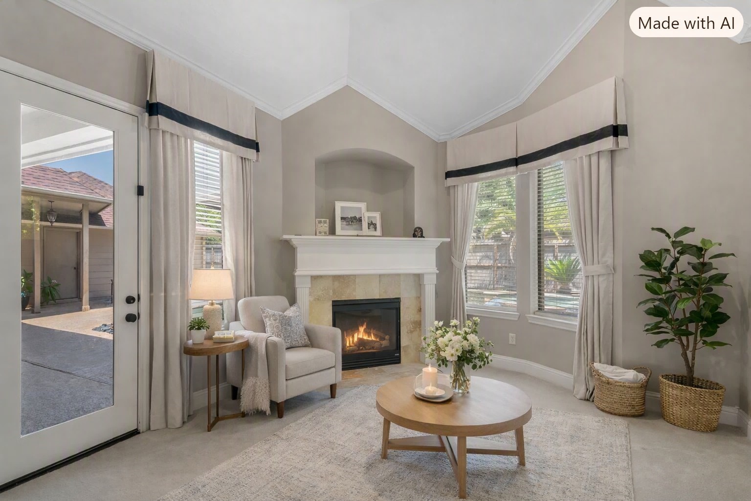 Virtually staged:  Private Sitting room adjoining the master bedroom.  It features a cozy fireplace, creating a true retreat and access to the pool.
