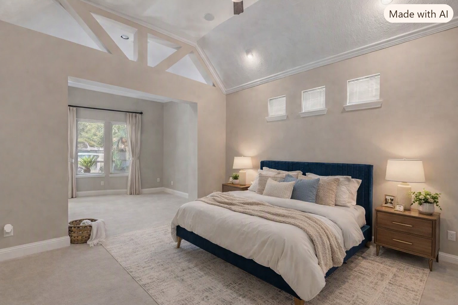 Virtually staged:  Master bedroom with adjoining private sitting room with large windows.