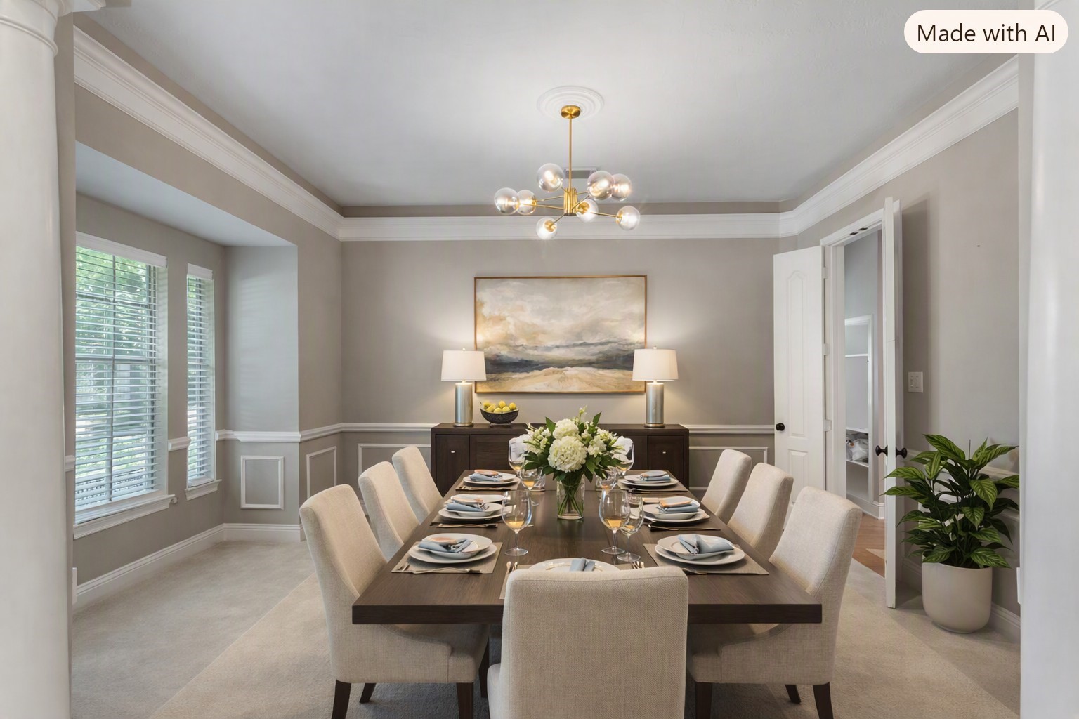 Virtually staged: Spacious formal dining room featuring a modern chandelier, tall windows for natural light, and neutral tones. This versatile room offers a welcoming setting for gatherings and flows seamlessly into the adjoining rooms.