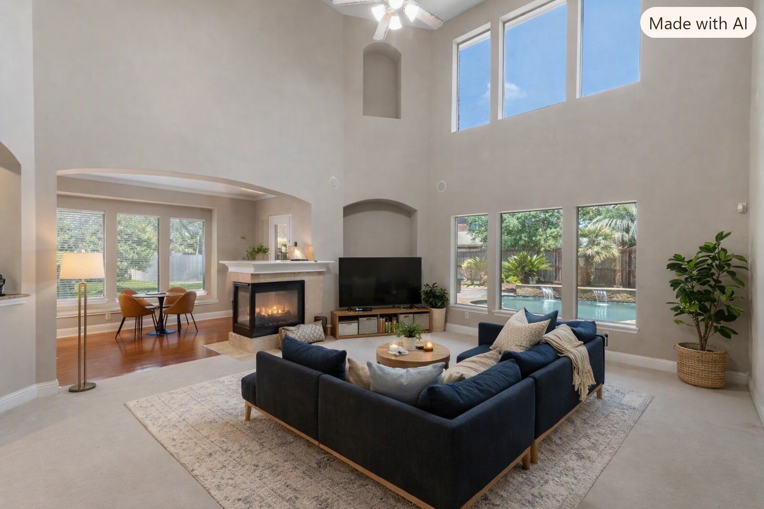Virtually staged:  Large family room open to the breakfast room and kitchen, creating a perfect setting for everyday living and entertaining.