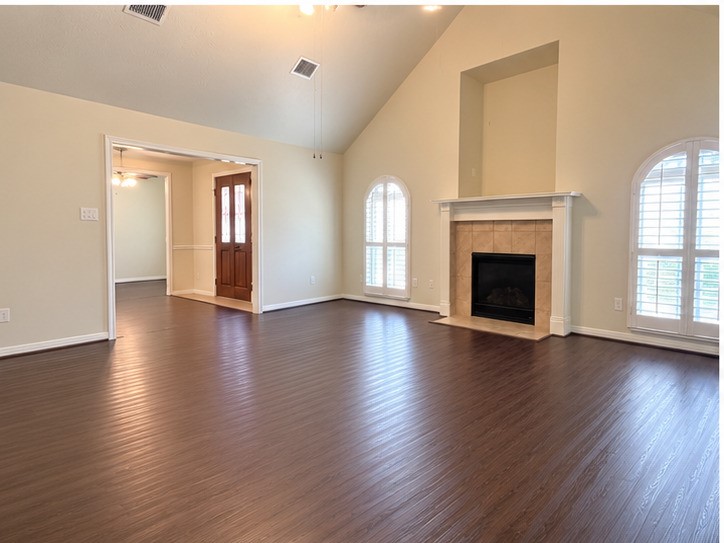 Living area with high ceilings