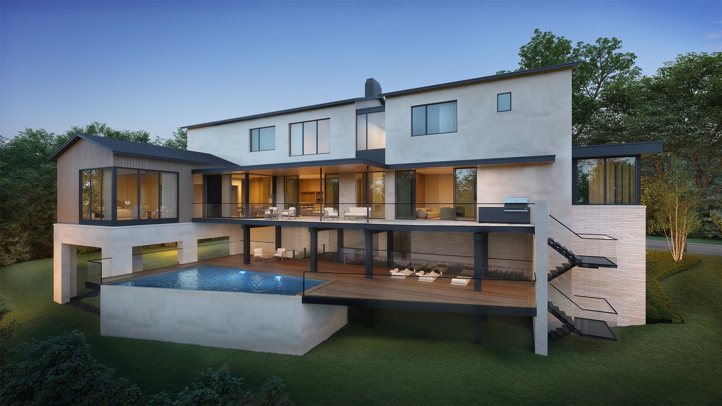 Architectural rendering of the striking rear elevation, showcasing multiple covered and open-air terraces designed for effortless indoor-outdoor entertaining, inviting lounge areas, and a spectacular vanishing-edge pool. The outdoor wellness area is pre-plumbed for a future sauna and cold plunge, while the main-level terrace is pre-plumbed for a future outdoor kitchen.