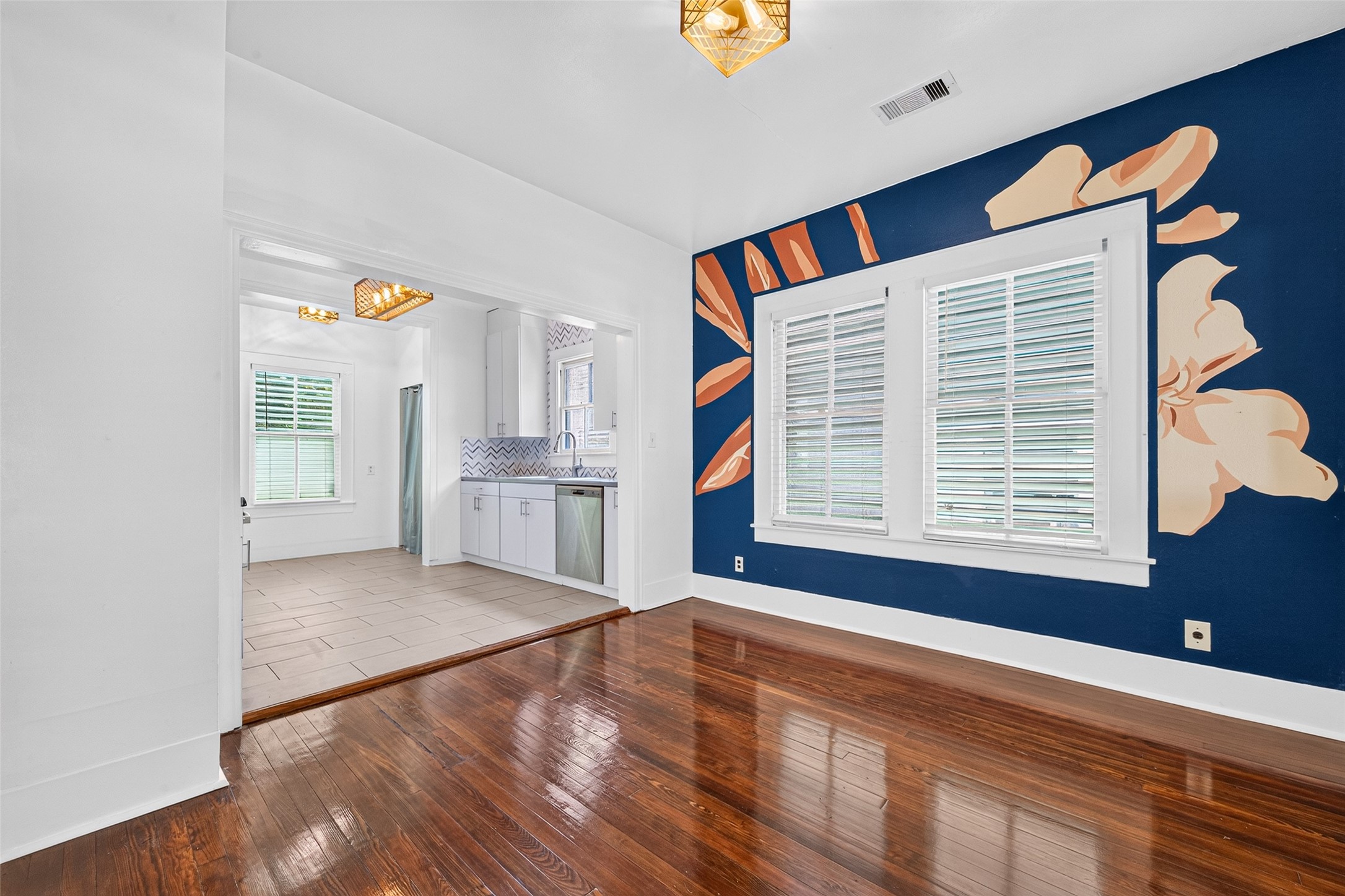 DINING ROOM LOOKING TOWARD KITCHEN, CUSTOM MURAL HAND PAINTED