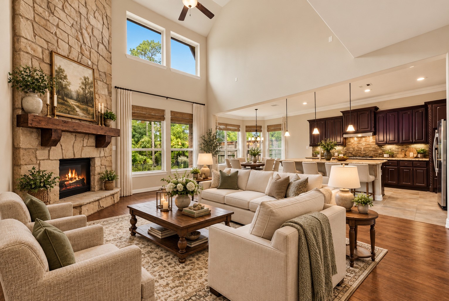 2 story living room with stacked stone fireplace.