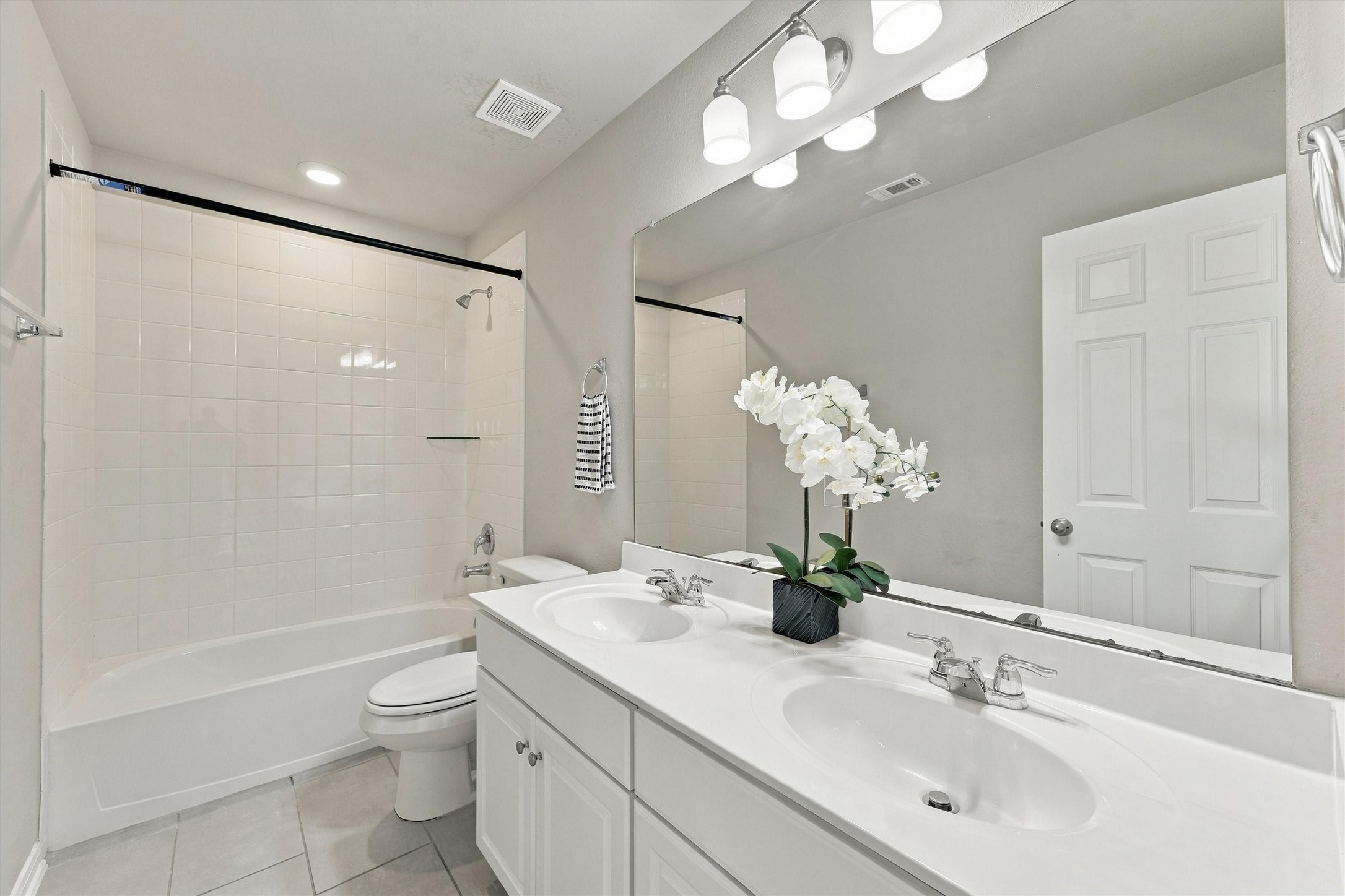 Secondary bathroom featuring a vanity and tub/shower combination.