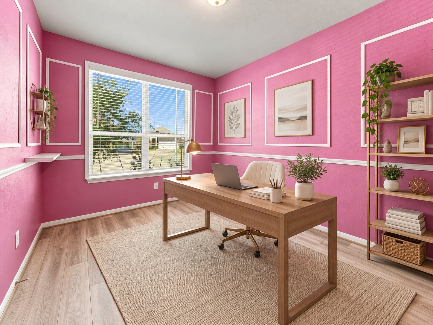 Virtually Staged Home Office - Dedicated home office featuring decorative wall molding, a large window, and wood-look flooring.