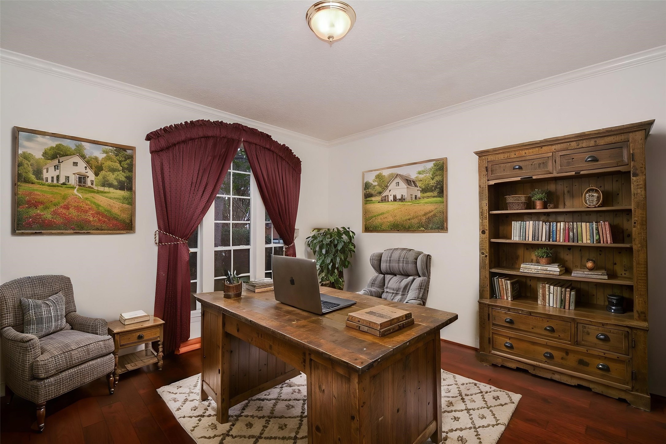 Front room virtually staged as a home office area