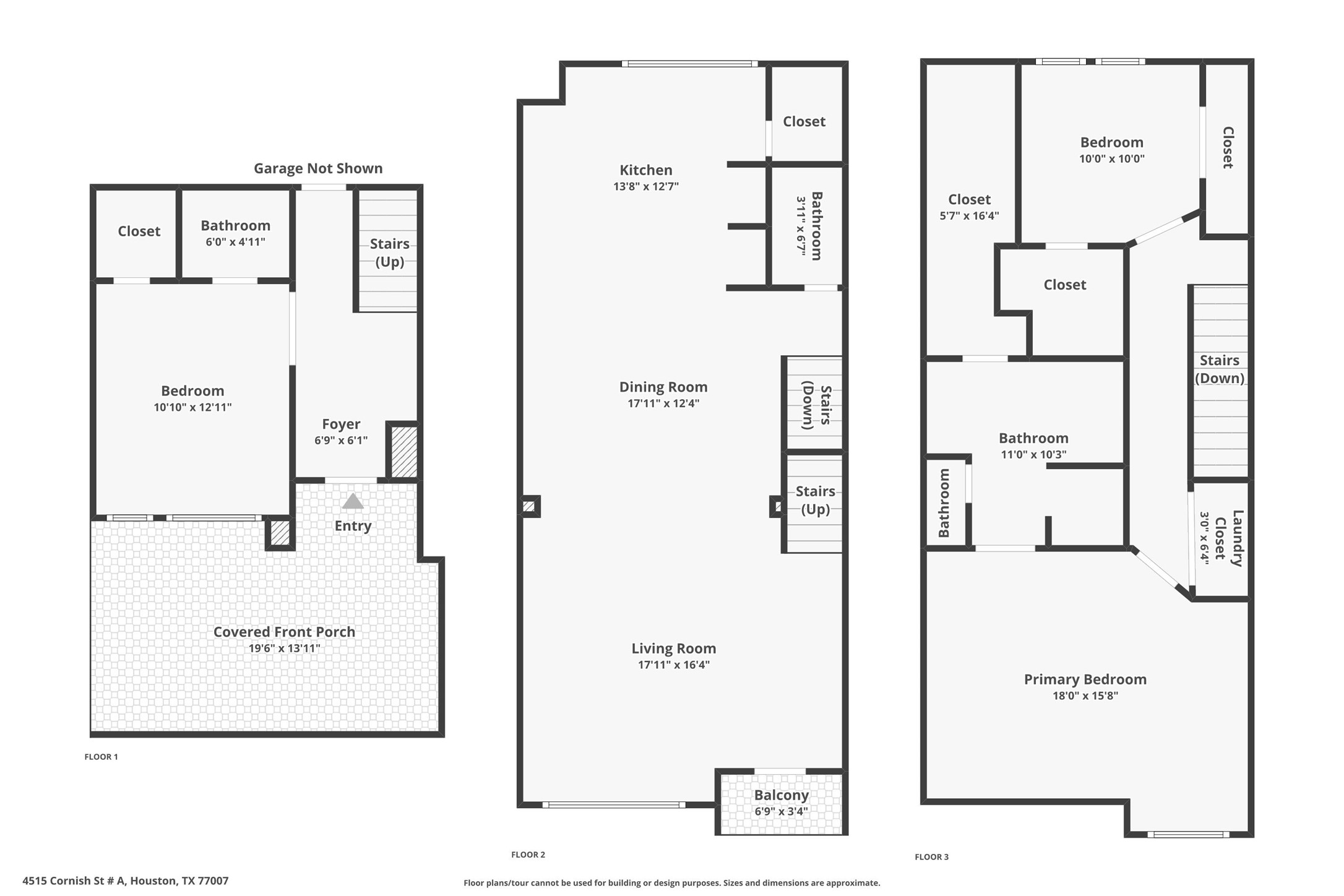 Floorplan of 4515 Cornish #A. Note garage is in rear of 1st floor, open concept 2nd floor with guest bath, and spacious primary suite on the 3rd floor. Dark wood floors in public areas with dark cabinetry add to the modern, clean feel of this home!