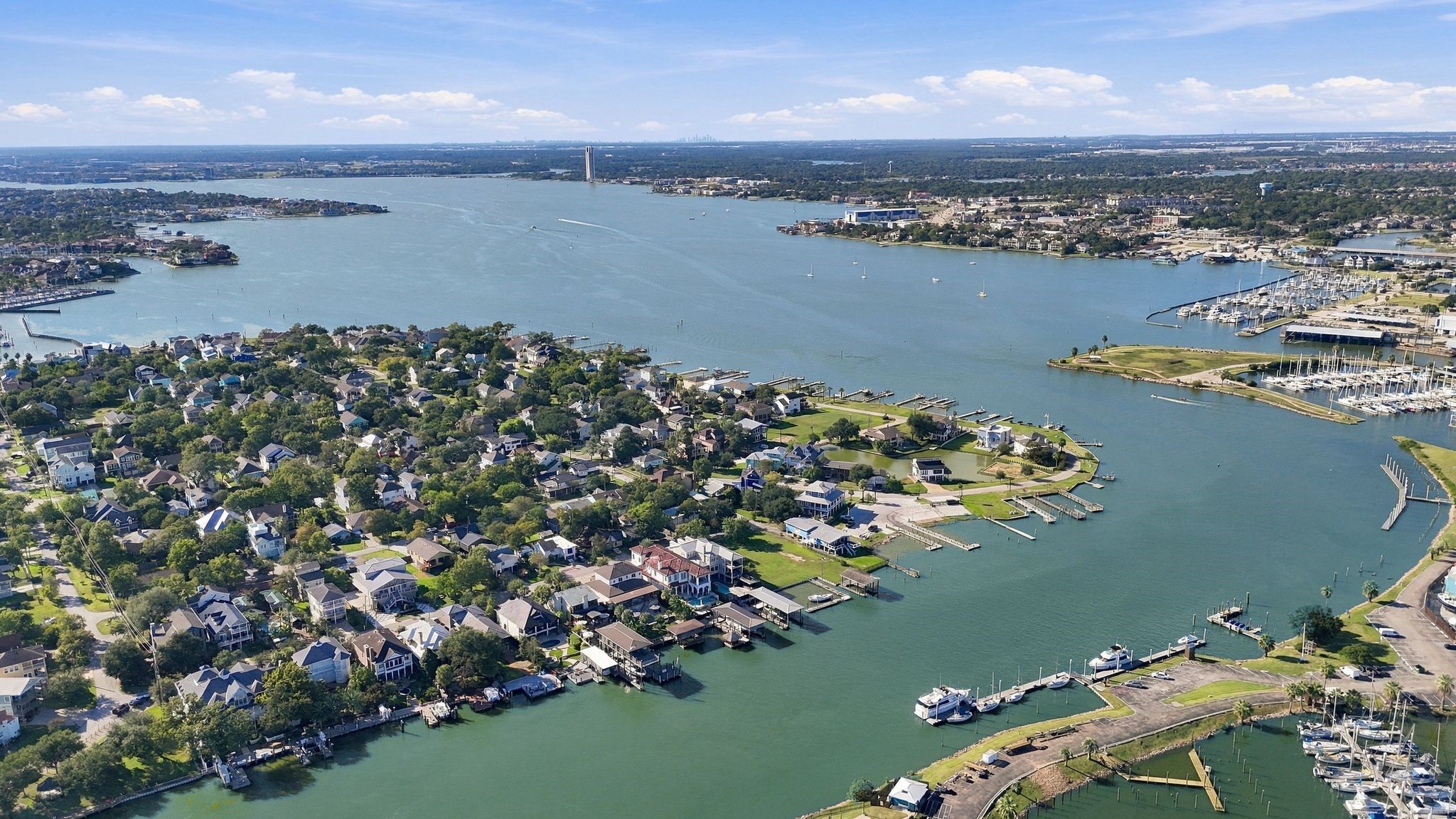 Stunning aerial view of Clear Lake Shores, where everyday seems like living on vacation.