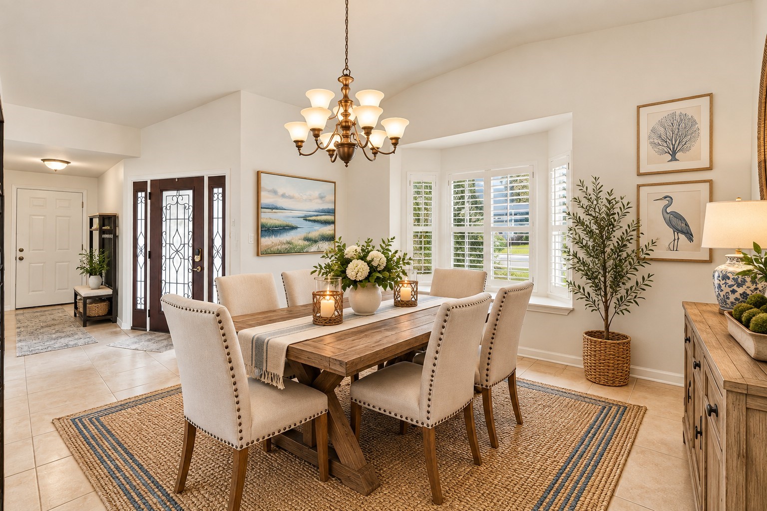 Elegant dining area featuring a charming chandelier that adds a touch of sophistication. Large windows adorned with classic plantation shutters allow abundant natural light to fill the space. (Virtually Staged) Elegant dining area featuring a charming chandelier that adds a touch of sophistication. Large windows adorned with classic plantation shutters allow abundant natural light to fill the space. (Virtually Staged)