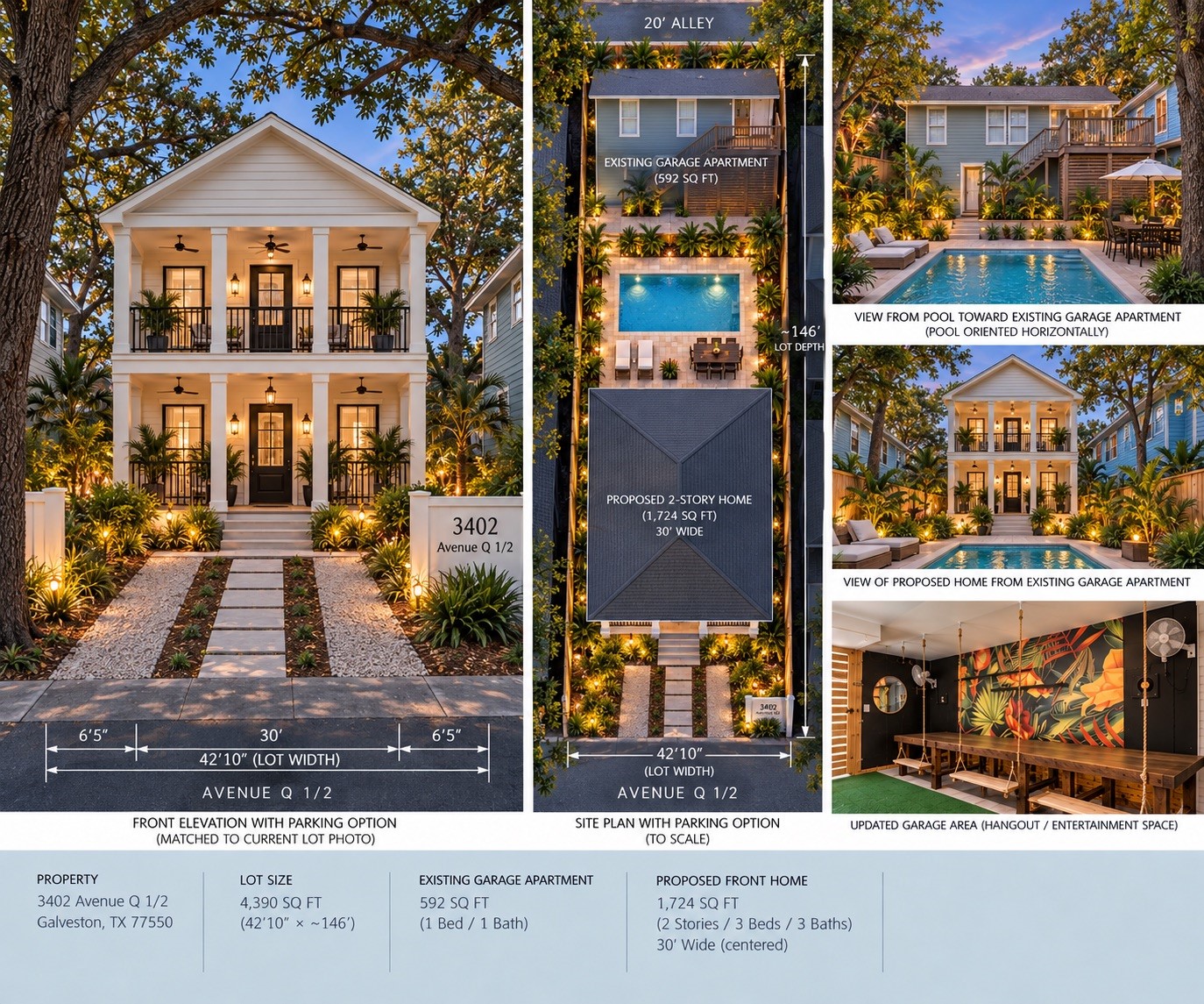 Rendition of potential custom home and pool on lot.