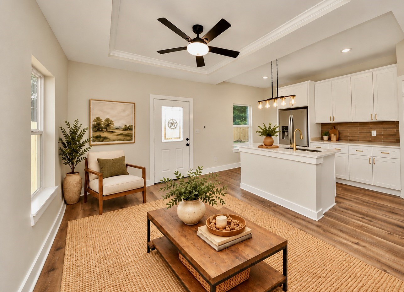 Designed with everyday living in mind, the open-concept family room connects directly to the kitchen, where quartz countertops, soft-close cabinetry, and an island provide both style and functionality. | Virtually Staged