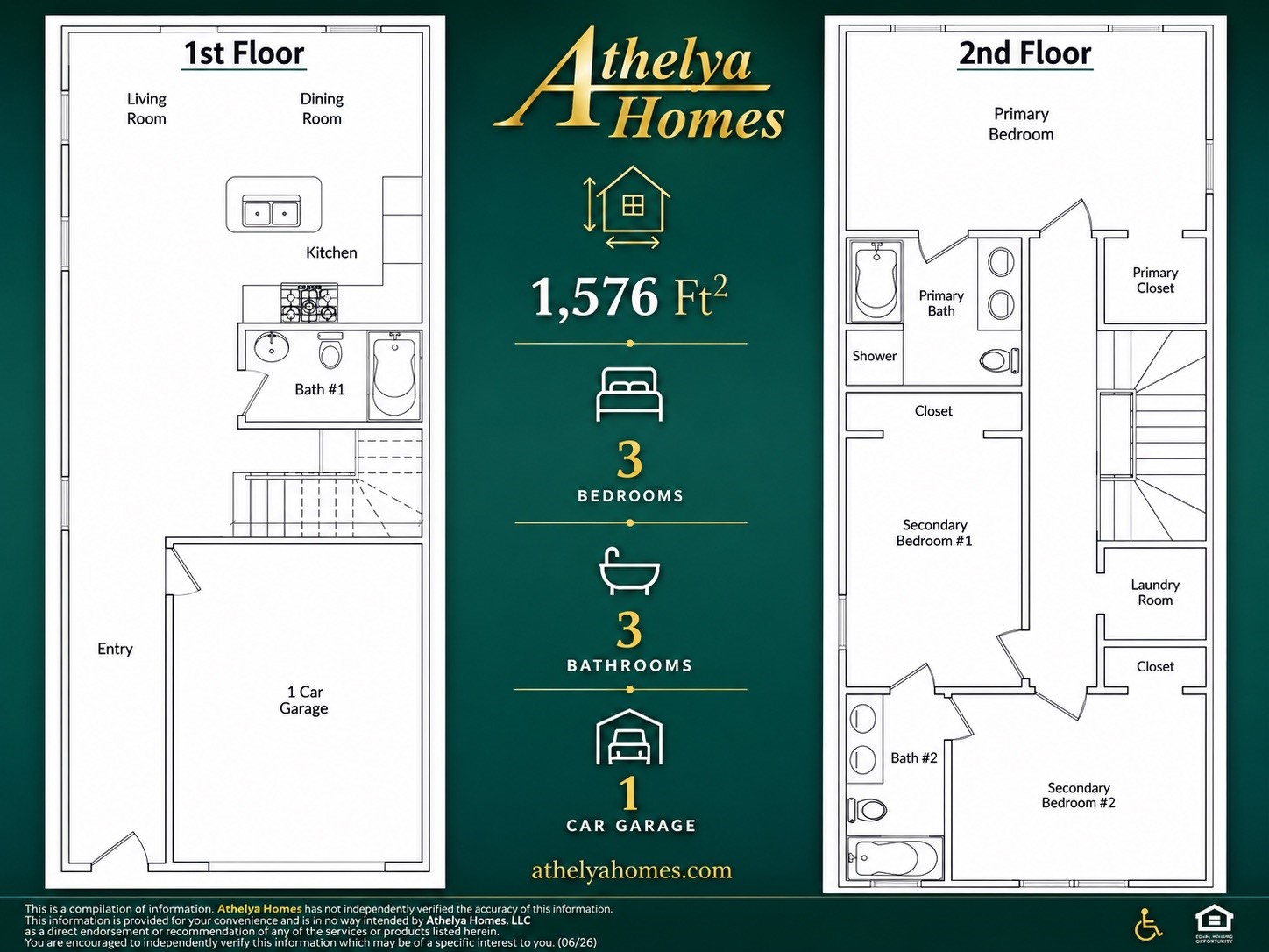Explore the thoughtfully designed 1,576 SqFt floor plan featuring 3 bedrooms, 3 full bathrooms, and a 1-car garage. The first floor offers an open living, dining, and kitchen area with a full bathroom, while upstairs includes all three bedrooms, two bathrooms, and a utility room.